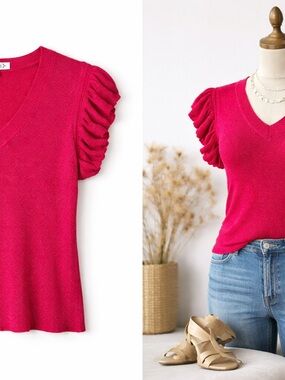 Nanette Lepore Red Lurex Sweater Top Size L | Ruffle Sleeve V-Neck Sparkle Knit